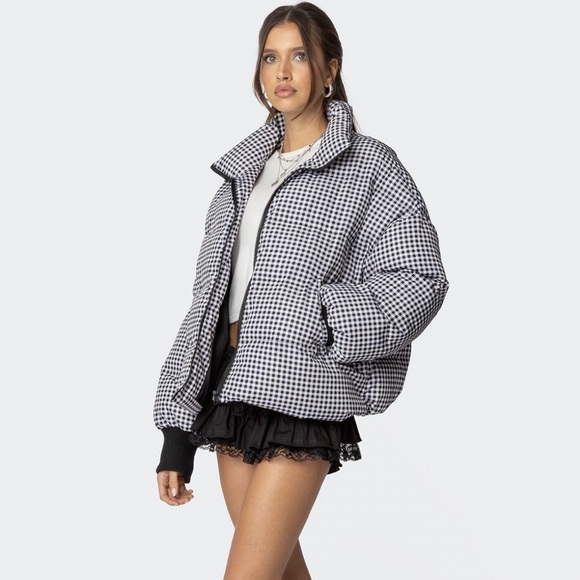 Edikted Black and White Gingham Puffer Jacket - Picture 2 of 5